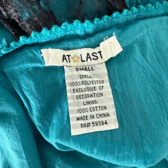 Fairycore Y2K Boho Flowy Top Sheer Lace Trim Teal Paisley Crinkle Size Small - Picture 6 of 6